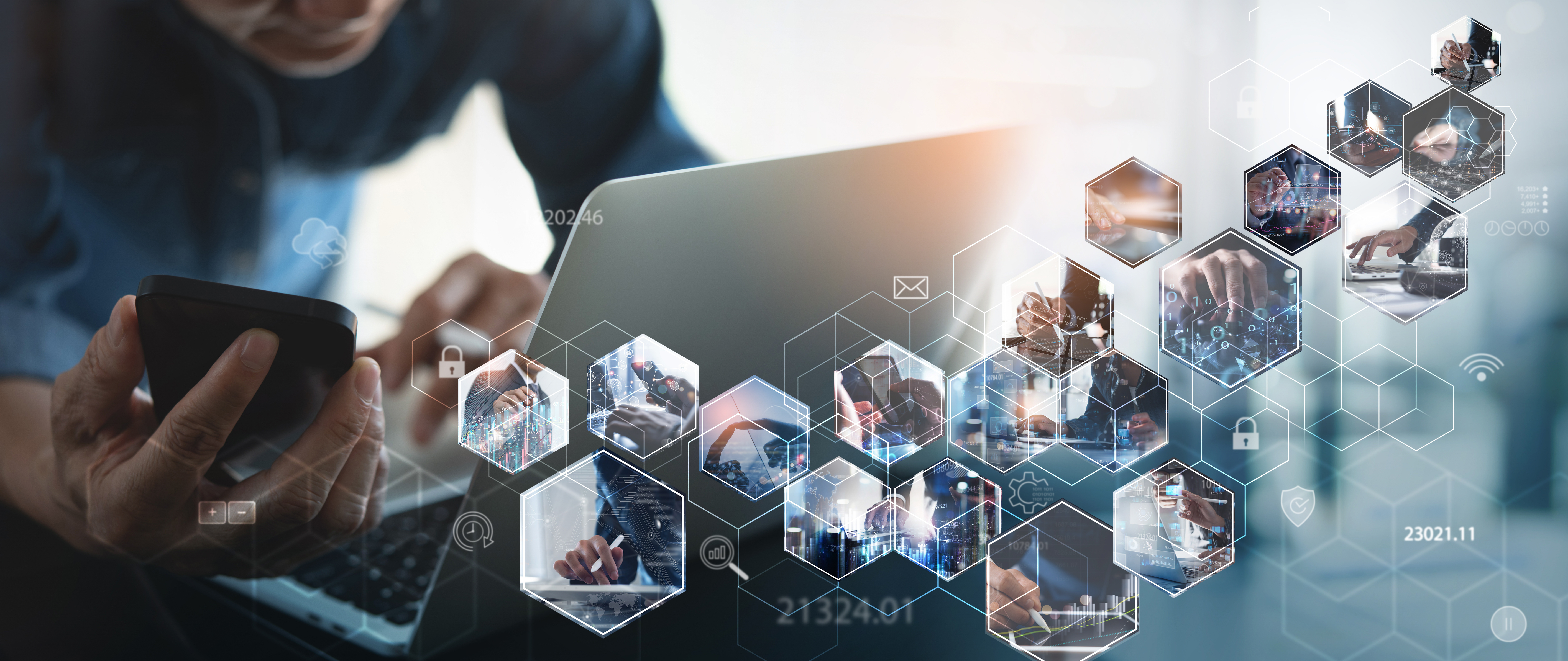 Person using a computer wirh business graphic shapes