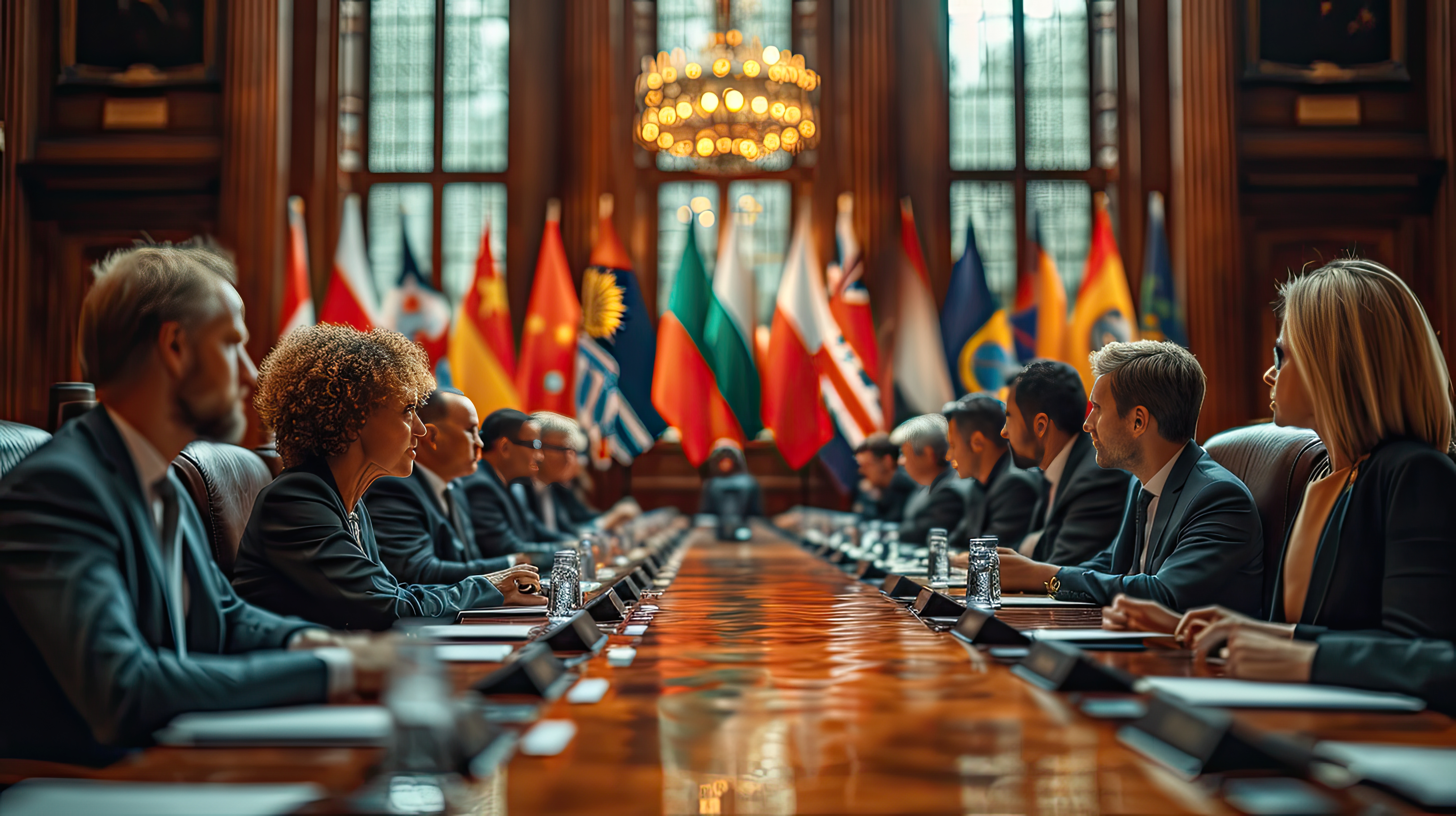 A high-level business meeting with executives from various countries, seated around a large conference