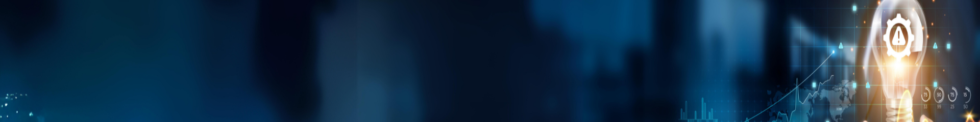 Abstract blue digital background with a central light bulb and cogwheel icon representing innovation, surrounded by floating digital elements and an upward-trending graph, indicative of positive technological growth and security