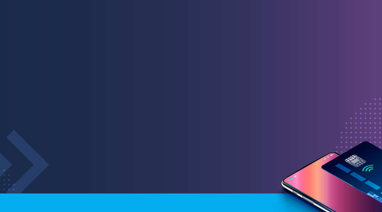 Gradient blue-purple banner with a smartphone and contactless credit card representing digital payments.