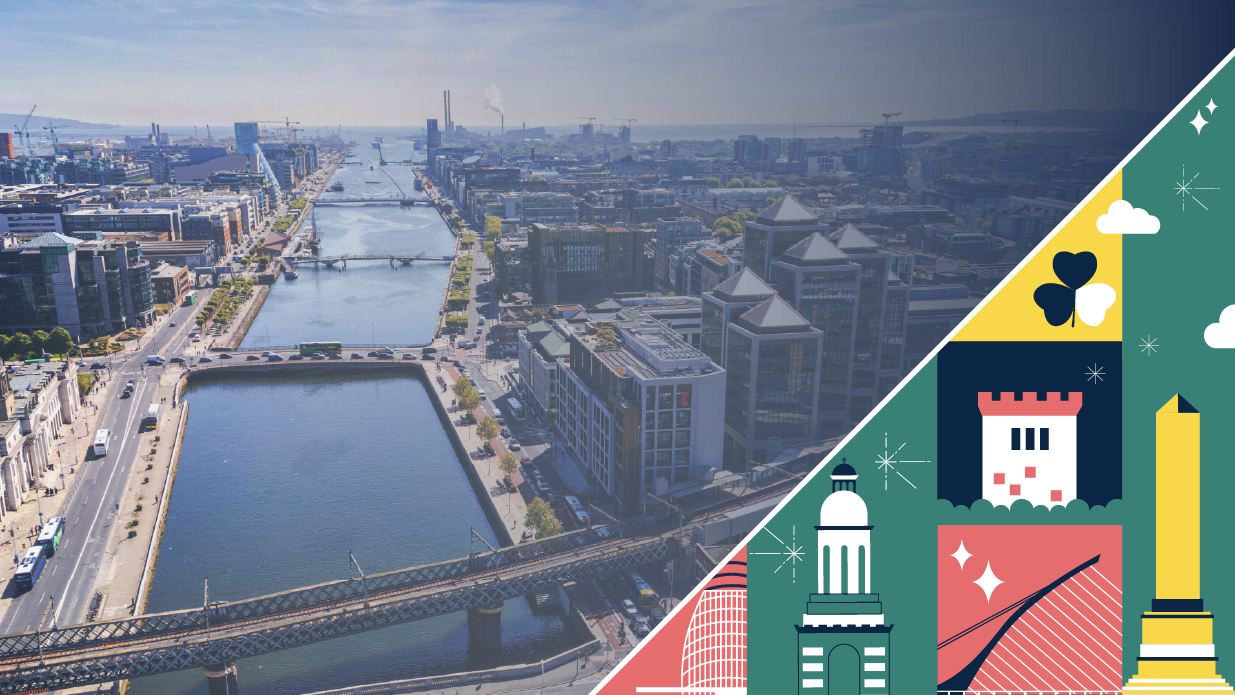 Aerial view of Dublin’s River Liffey and city skyline, overlaid with colorful illustrations of Irish landmarks and a shamrock.