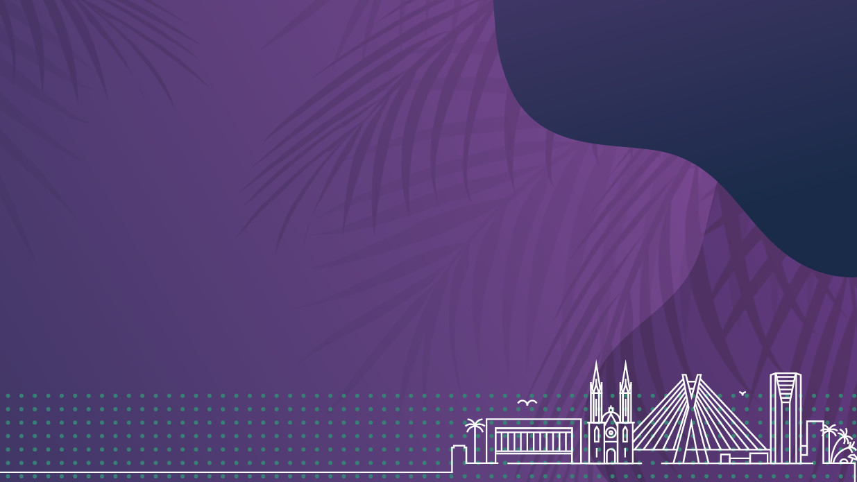 Purple abstract banner with palm-leaf shadows and a white line-art São Paulo skyline and bridge along the bottom.