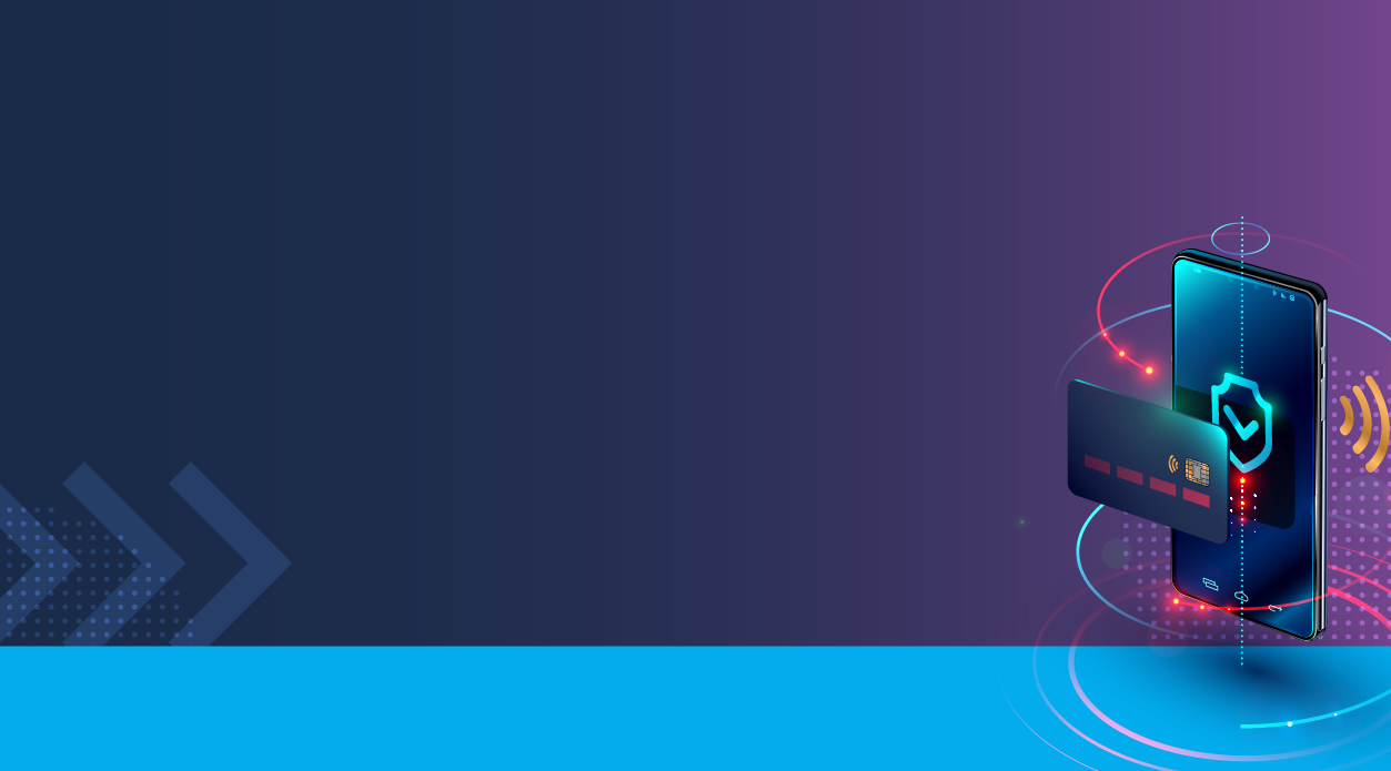Illustration of a secure mobile payment with a credit card, shield icon, and digital authentication signals on a blue and purple background.