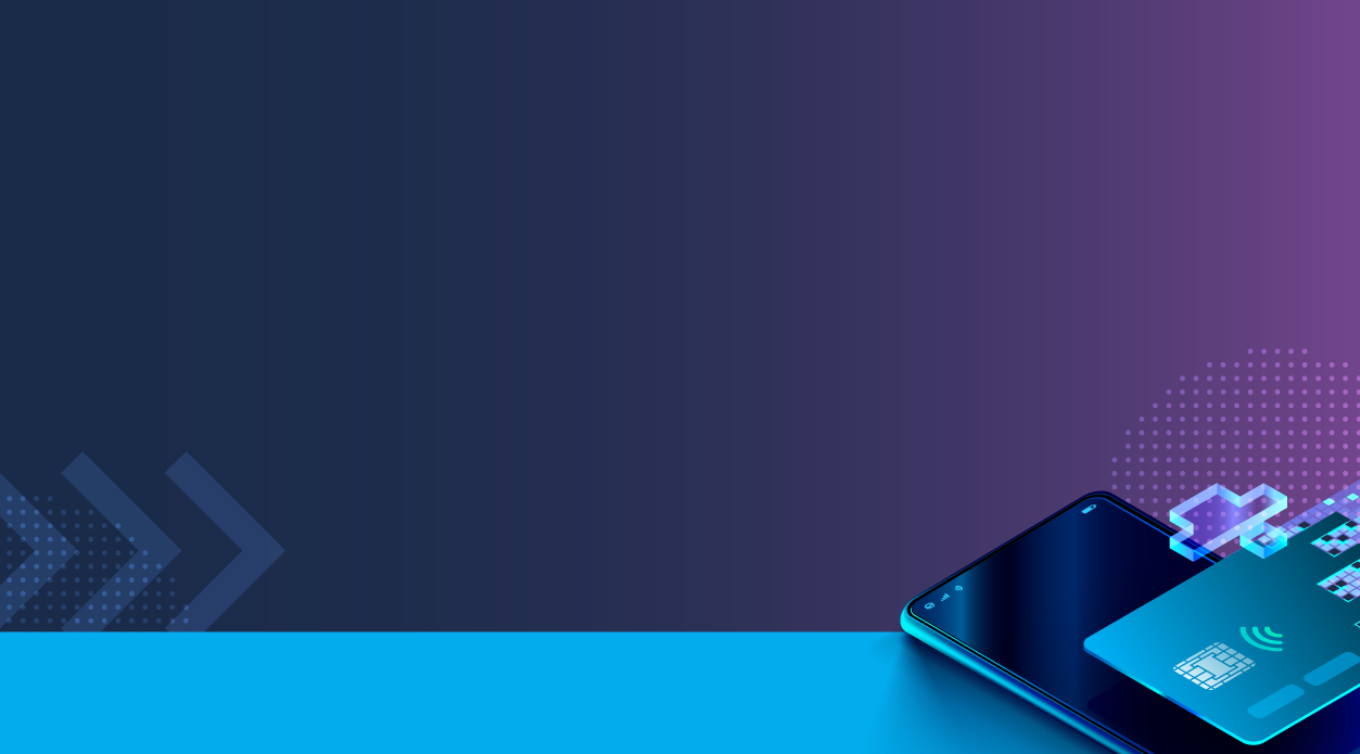 Abstract tech-themed background with a purple gradient, geometric arrow shapes on the left, and a smartphone with a digital credit card on the bottom right.