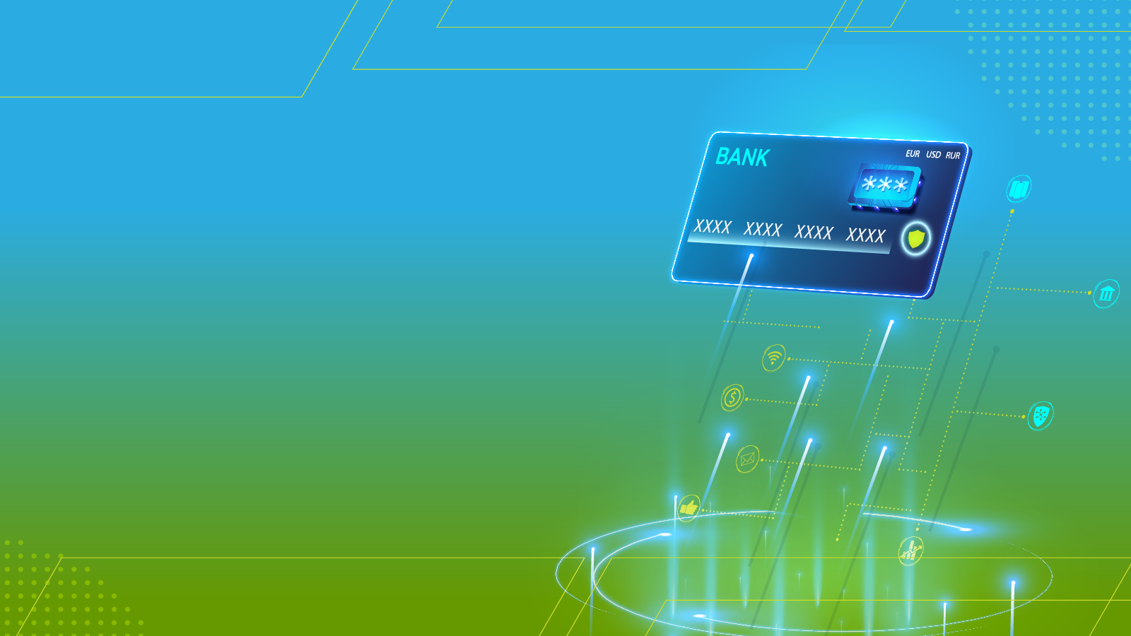 Futuristic digital illustration of a credit card emerging from a glowing platform, surrounded by icons representing financial technology, cybersecurity, and data transfer, on a blue-to-green gradient background.