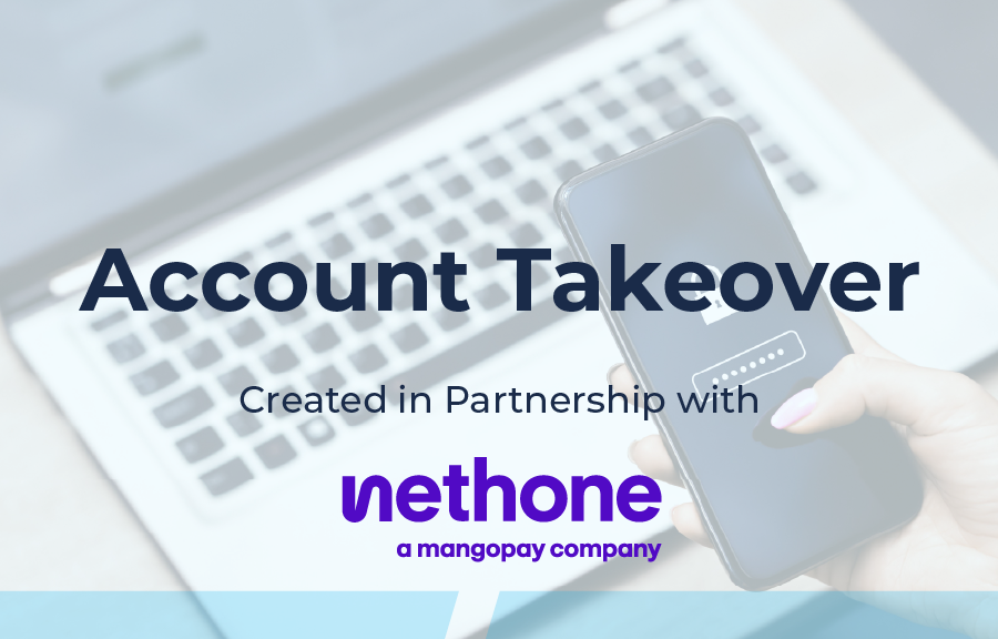 Account Takeover course tile: hand holding a smartphone with a masked password over a laptop; Created in Partnership with Nethone.
