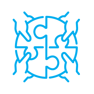  Blue line icon of four puzzle pieces being connected by four hands, symbolizing collaboration, teamwork, and unity.